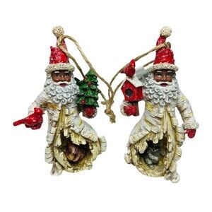 Kurt Adler Set of 2 Birch Berry Black Santa W Animal Ornaments Raccoon Squirrel